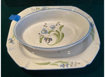 Coordinating Pair Of Blue Floral Serving Platter And Bowl