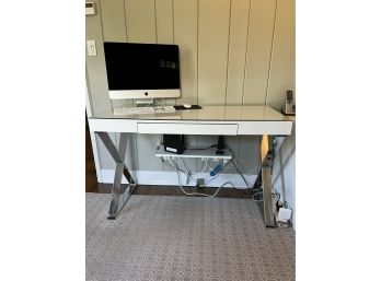 Contemporary White Desk With Chrome X Legs And Glass Top