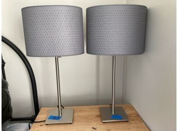 Pair Of Ikea Table Lamps Stainless Steel With Grey Woven Shades
