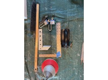 Odd Lot: Two Squares, 3 Funnels, New Black Plastic Scrub Brush, 3 Master Locks With Keys, Bench Brush, 10 Items.