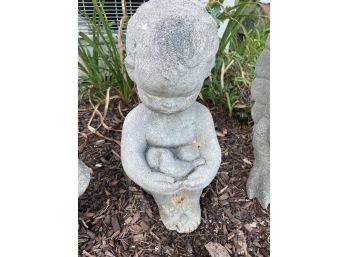 Cement Statue Of A Child Holding A Bird, Approx 16” Tall.