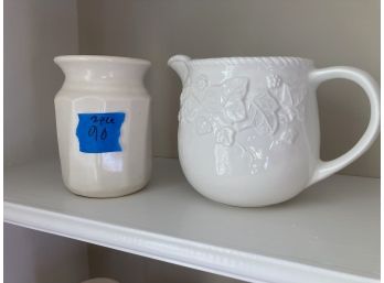 2 Pcs White Ceramic, Vase And Pitcher