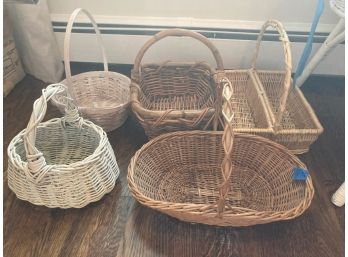 5 Wicker Baskets: 2 Beige, 2 White