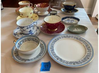 8 Assorted Porcelain Tea Cups (1is Demitasse) And Saucers: Limoge, Royal Copenhagen, Shelby, Foley, Wedgwood, Etc. 19 Pcs Total.