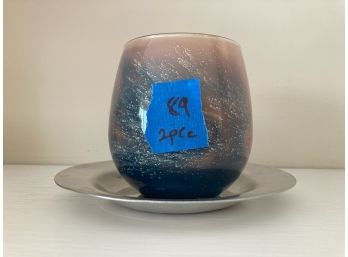 2 Pc Candle And Saucer, Blown Glass
