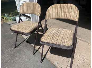 Pair Of Meco Folding Chairs With Fabric Cushions