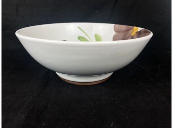 Large Ceramic Floral Bowl With Wooden Pedestal