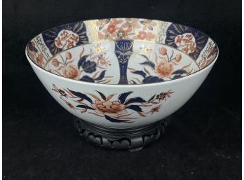 Asian Art Serving Bowl With Wooden Pedestal