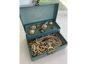 Misc Lot Of Costume Jewelry In Blue Jewelry Box