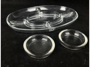 Sectioned Glass Serving Dish And Pair Of Glass Bowls