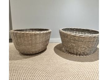 Pair Of Restoration Hardware Oversized Wood & Wire Basket
