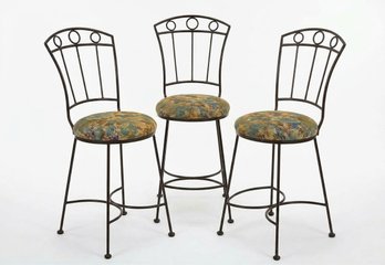Set Of 3 Black Metal Bar Stools With Botanical Tapestry Seats