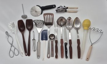 Assorted Kitchen Utensils With Wood-Handled Servers & Pizza Cutter