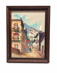 Ruiz-Signed Village Street Scene Artwork In Woodgrain Frame
