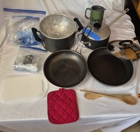 Camping & Kitchen Cookware Lot  Pots, Frying Pans, Colander, Lids & Utensils