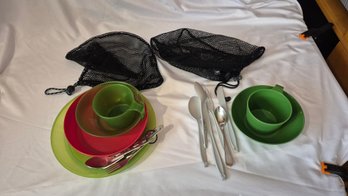 Colorful Camping & Outdoor Dining Set  Plates, Bowls, Cups, Utensils & Mesh Storage Bags