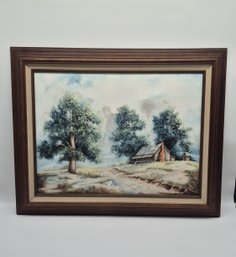 Framed Rural Cabin Landscape Painting