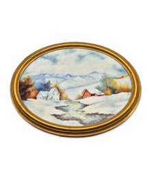 Oval Winter Farm Painting In Gold-Tone Frame Painted By Artist Jane Smith