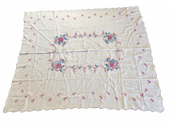 Cream Floral Tablecloth With Rose & Cross-Stitch-Style Design, 83 X 65 Inches