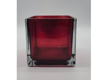 Ruby Red Glass Cube Vase With Thick Clear Edges, 5 Inches