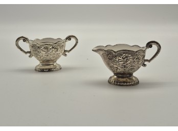 Ornate Floral Creamer And Sugar Bowl Set With White Interiors