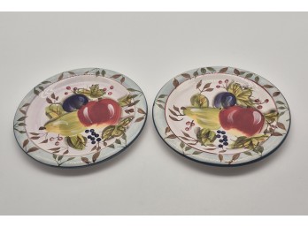 Fruit Motif Ceramic Plates With Leaf Borders - Pair