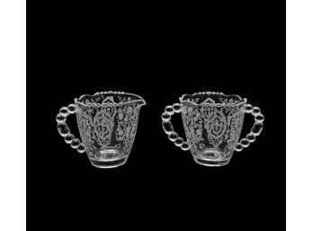 Etched Glass Creamer & Sugar Bowl Set With Beaded Handles