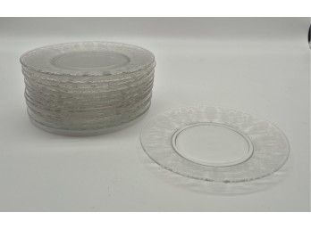 Set Of 12 Clear Glass Plates With Floral Etched Borders