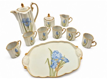 Blue Iris Ceramic Beverage Service With Six Cups & Handled Tray