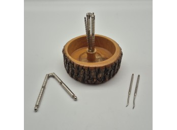Rustic Bark-Edge Wooden Nut Bowl With 2 Nutcrackers & 4 Picks