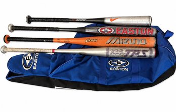 Lot Of 4 Vintage Aluminum Baseball & Softball Bats With Easton Equipment Bag