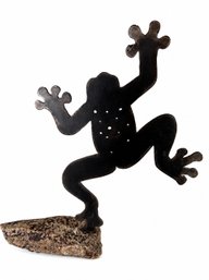 Handcrafted Metal Frog Sculpture On Stone Base