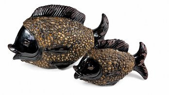 Pebble Texture Fish Sculptures  Large & Small Matching Ceramic Decor Set