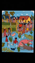 Colorful Folk Art Village Scene Painting With Crocodiles & Daily Life Motif
