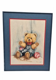 Signed Teddy Bear Painting With Blue Mat And Frame