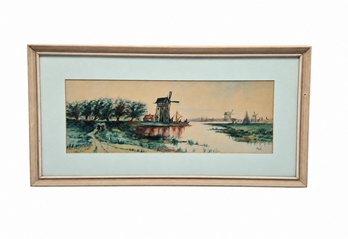 Signed Watercolor Windmill & Waterway Landscape Artwork In Light Wood Frame