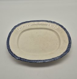 Cream & Blue Oval Ceramic Platter With Decorative Scroll Rim