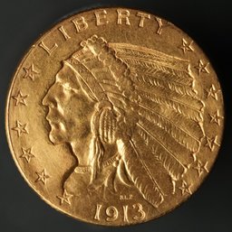 1913 Indian Head $2.50 Dollar Gold Coin - Quarter Eagle