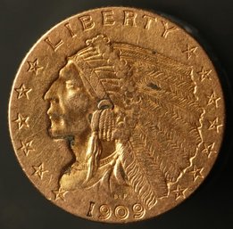 1909 Indian Head $2.50 Dollar Gold Coin