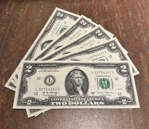 (5)  2017-A $2 Bills - Uncirculated & Consecutive