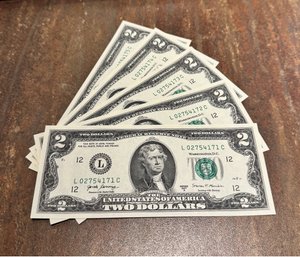 (5)  2017-A $2 Bills - Uncirculated & Consecutive