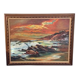 Mid 20th Century Rocky Coastline Sunset Seascape Painting Signed C. Baiamonte, Framed