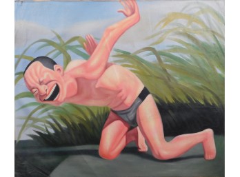 After Yue Minjun: Self Portrait Smiling Man Doing Yoga