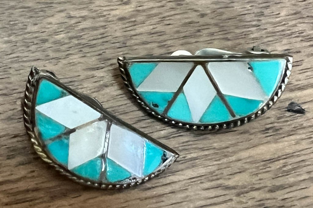 Native American Sterling Silver Mother Of Pearl Turquoise Inlay Clip On ...