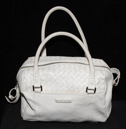 White Cole Haan Satchel Featuring A Structured Top-handle Design And A Woven Leather Panel Detai