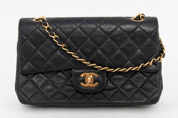 Authentic Vintage Black Lambskin Chanel Classic Small Double Flap Bag With Gold-tone Hardware