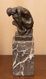 ART DECO Style MUSCULAR NUDE MAN BRONZE SCULPTURE On Marble Base After August Rodin