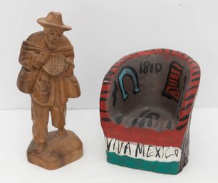 Vintage Mexican Folk Art: A Hand-carved Wooden Figurine Of A Traveling Peasant And A Small Painted Ceramic Pot