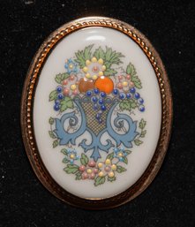 Vintage Lenox 1/20 12K Gold-filled Oval Porcelain Brooch Featuring A Hand-painted Floral Urn Design