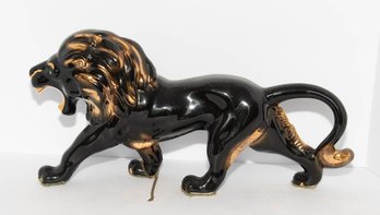 Vintage Mid-Century Modern (MCM) Black And Gold Roaring Lion Ceramic Figurine
